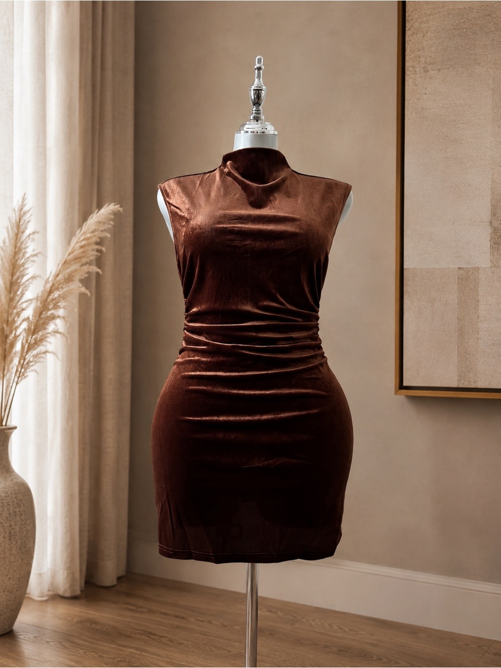 Brown Mock Neck Velour Mini Dress - Picture 7 of 9